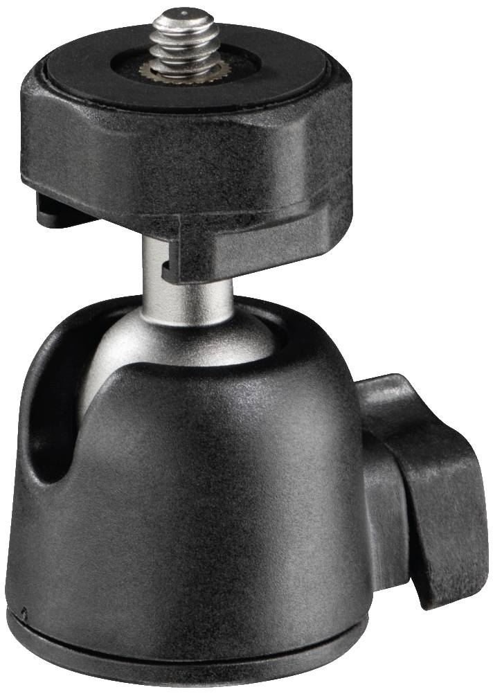Ein schwarzer Kugelkopfadapter aus Metall und Kunststoff mit einer Schraube zur Befestigung von Kameras oder Zubehör auf Stativen.