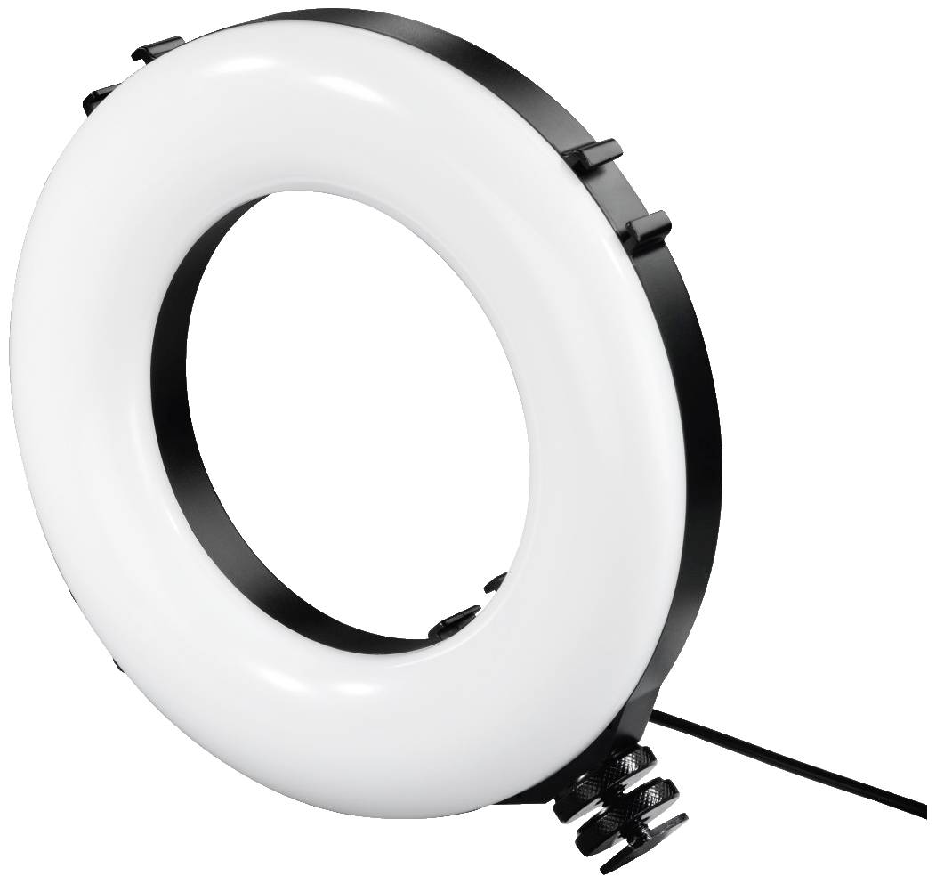 Ein weißer LED-Ringlichtaufsatz für Kameras mit schwarzem Gehäuse und Schraubhalterung, geeignet für gleichmäßige Ausleuchtung.