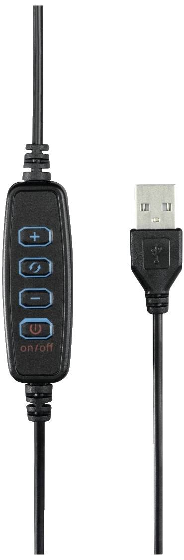 USB-Kabel mit Steuerungseinheit; vier Tasten: '+', '-', 'Schalter', 'On/Off'; geeignet zur Regelung von Elektronikgeräten.