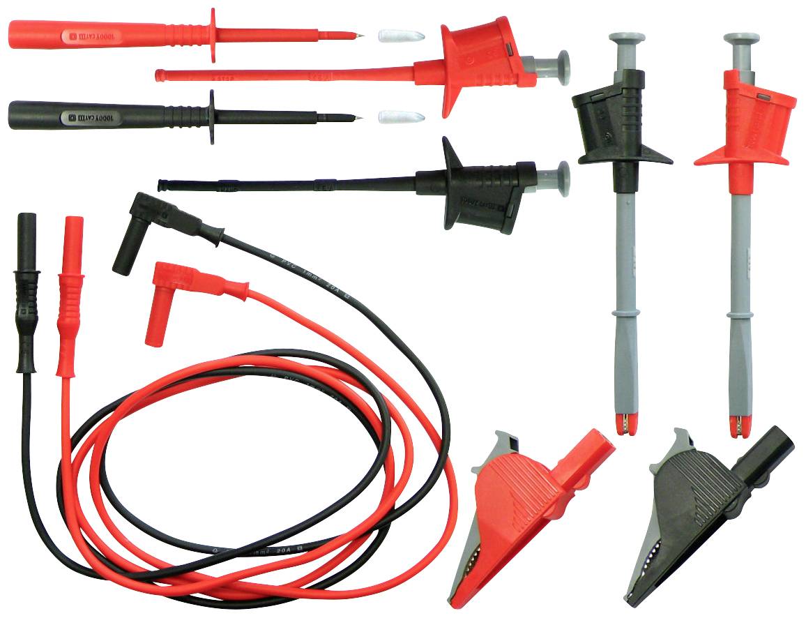 Messleitungen und Klemmen: Schwarz-rote Kabel und Prüfklemmen für Multimeter zur Elektronikmessung.