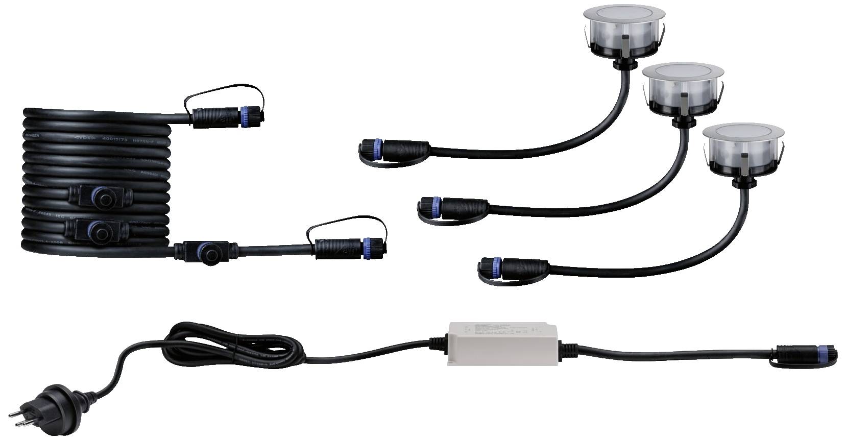 Drei runde LED-Lampen mit Steckverbindungen, langem Kabel und Adapter. Ideal für Außenbeleuchtung.
