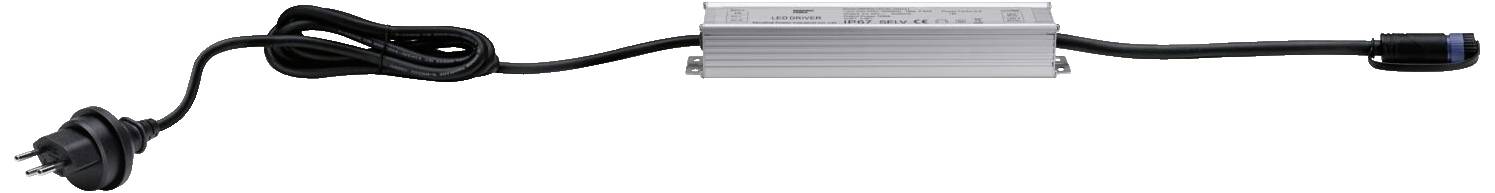 Ein rechteckiges LED-Netzteil mit einem schwarzen Netzkabel und einem Stecker auf der linken Seite sowie einem Anschluss auf der rechten Seite.