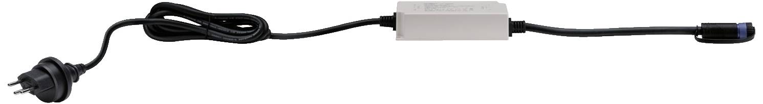 Ein schwarzes Netzkabel mit einem rechteckigen Zwischenstück und einem Stecker auf der einen und einem runden Anschluss auf der anderen Seite.