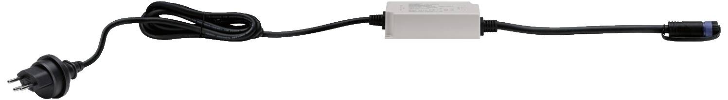 Ein schwarzes Netzkabel mit Stecker und rechteckigem Zwischenteil, das möglicherweise ein Transformator oder Adapter ist.
