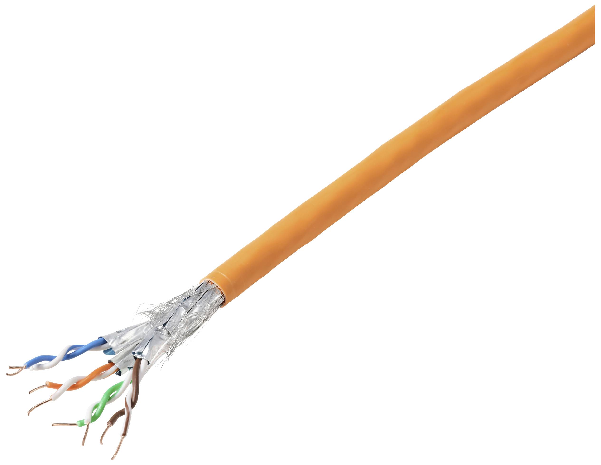Ein orangefarbenes, abgeschirmtes Netzwerkkabel mit vier verdrillten Aderpaaren und sichtbarem Drahtschirm, zur Datenübertragung verwendet.