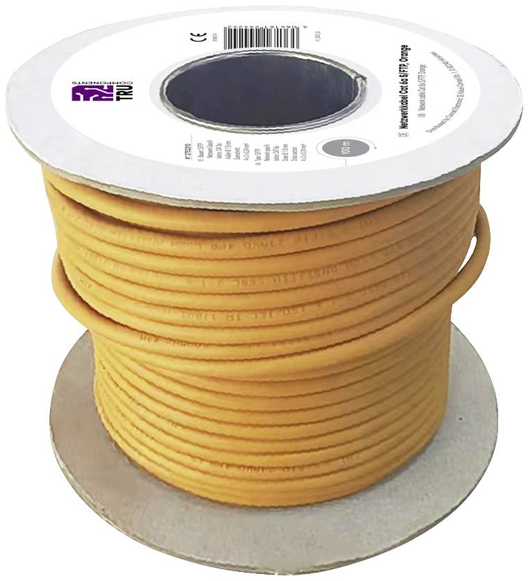 Eine große Rolle mit orangefarbenem Kabel, aufgewickelt auf einer Spule. Die Etikette zeigt Produktinformationen und Markenzeichen.