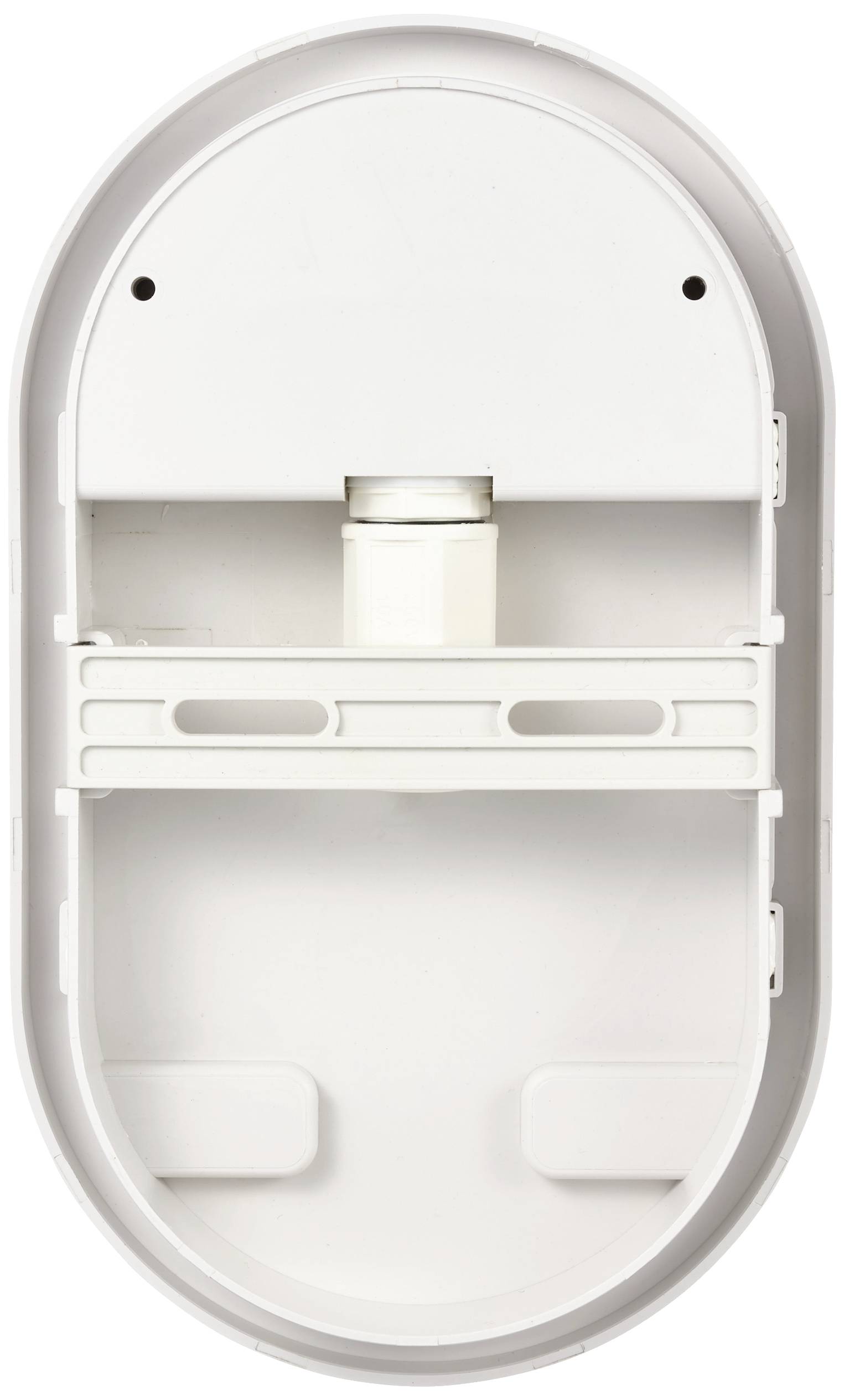 Weiße ovale Kunststoffhalterung mit mehreren Fächern, wahrscheinlich für die Aufbewahrung von Haushaltsgegenständen geeignet.