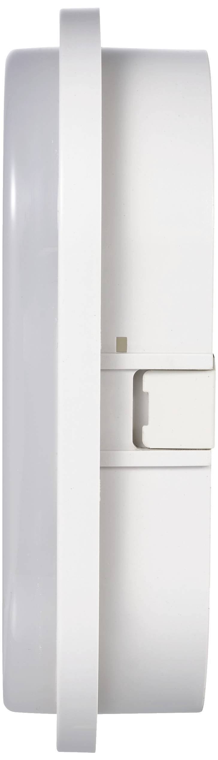 Weiße, runde Wanduhr seitlich gesehen, zeigt kein Zifferblatt oder Zeiger.