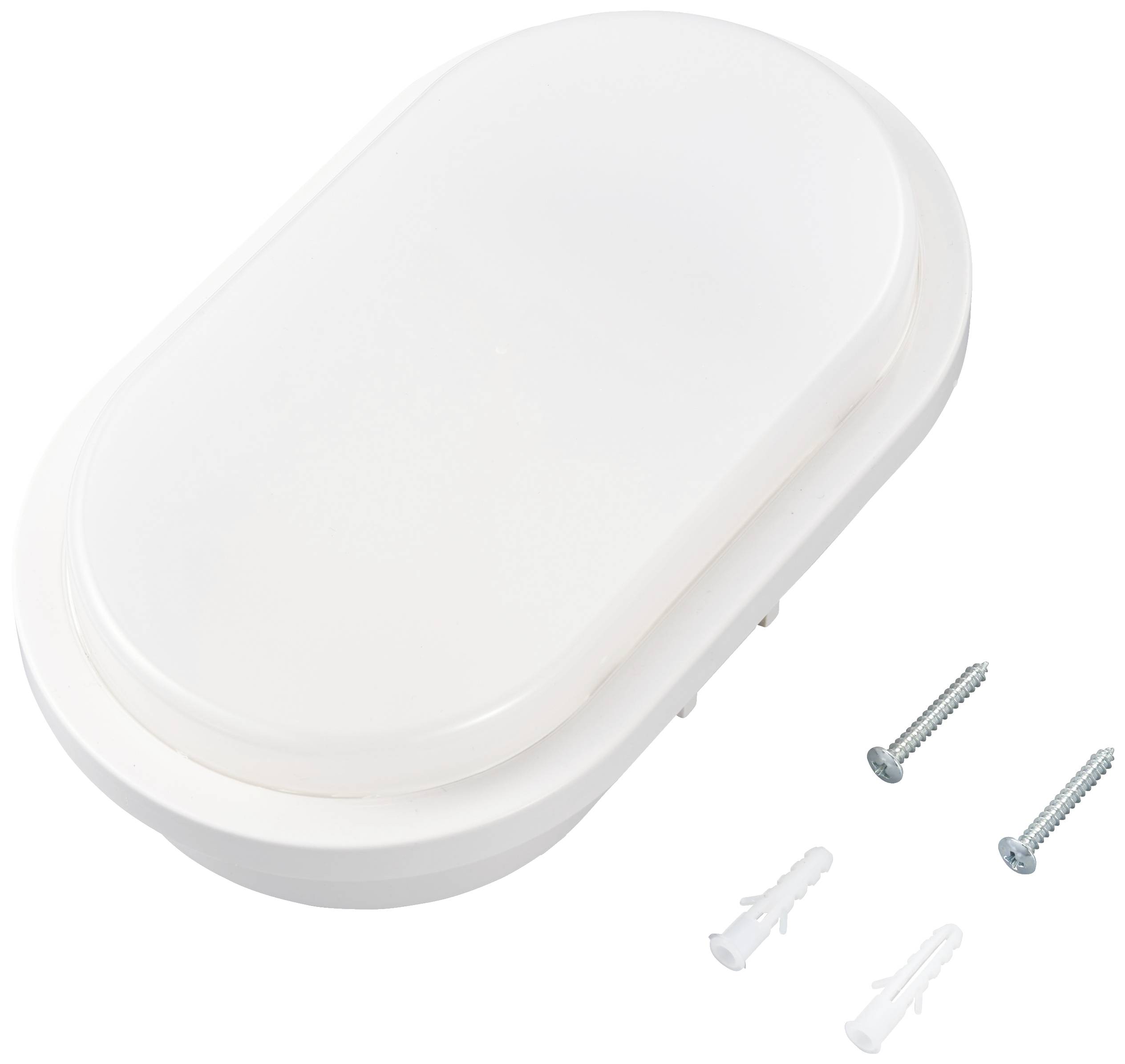 Ovalleuchte mit weißem Gehäuse, liegt neben zwei Schrauben und Dübeln, für einfache Wand- oder Deckenmontage in Innenräumen.