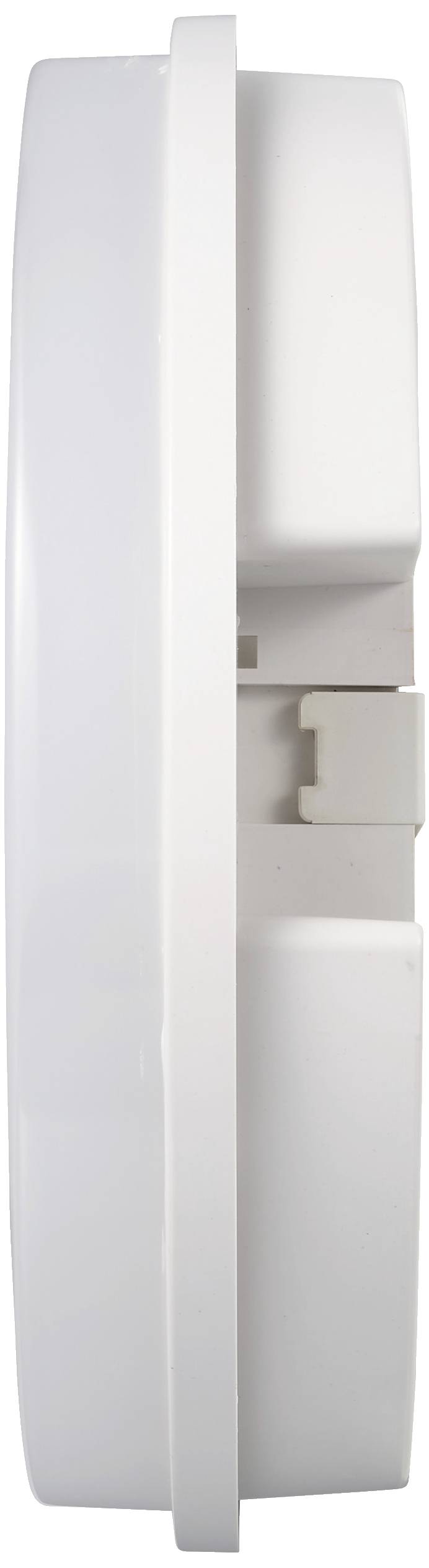 Seitliche Ansicht eines weißen, kreisförmigen Rauchmelders mit Wandhalterung.