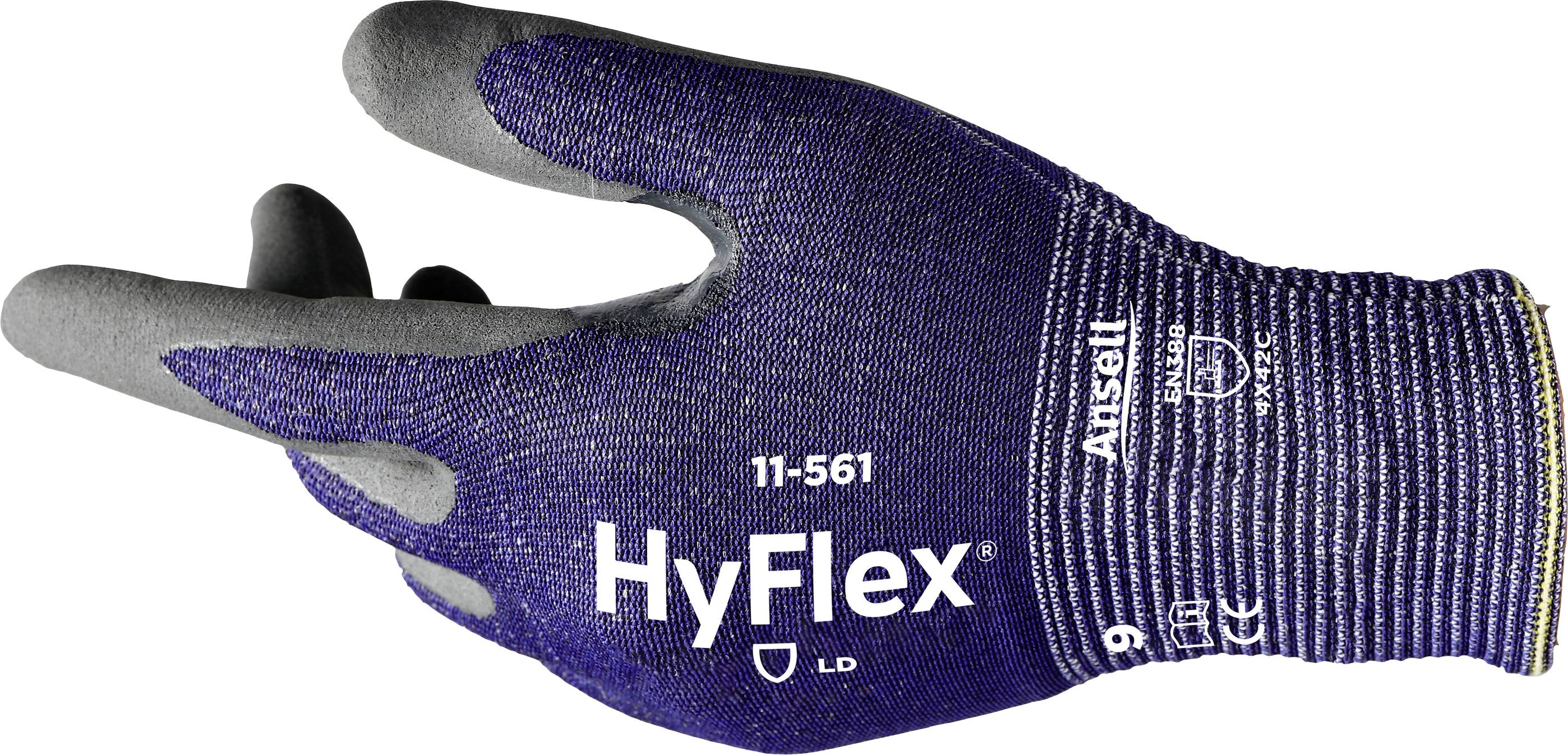 Arbeitshandschuh aus Stoff in Blau und Grau mit der Aufschrift 'HyFlex', geeignet für Präzisionsarbeiten und Schutz.