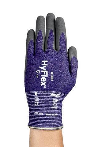Ein lila Arbeitshandschuh mit grauen Fingerspitzen. Aufschrift: 'HyFlex', 'Ansell' und 'EN388'. Entwickelt für Schutz und Flexibilität.