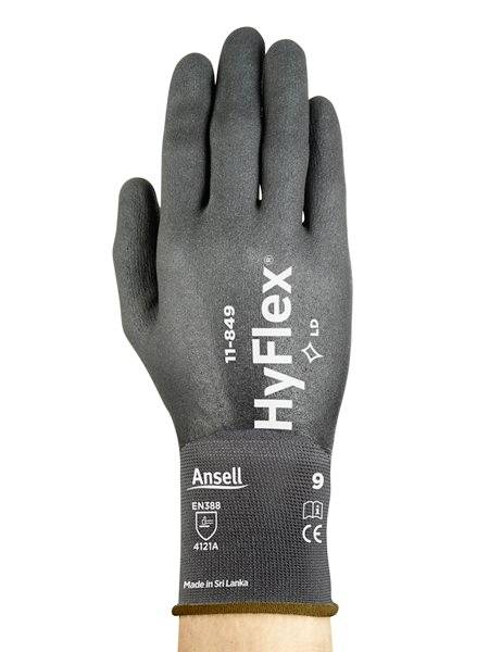 Arbeitshandschuh in Grau mit der Aufschrift 'HyFlex', Größe 9, hergestellt von Ansell, bietet Schutz gemäß EN388-Standard.
