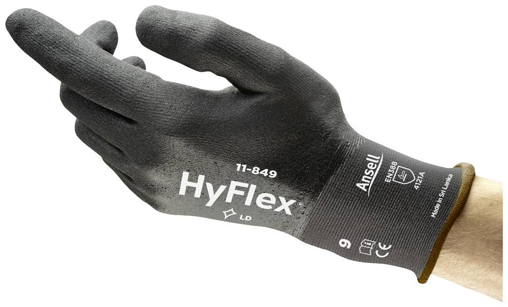 Ein schwarzer Arbeitshandschuh mit der Aufschrift 'HyFlex 11-849', 'Ansell', Schutzkategorie und Größenangabe über einer Hand.