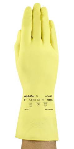 Gelber Schutzhandschuh aus Gummi, vollständig bedeckt eine Hand. Aufgedruckt sind verschiedene Symbole und der Text 'AlphaTec 87-086'.