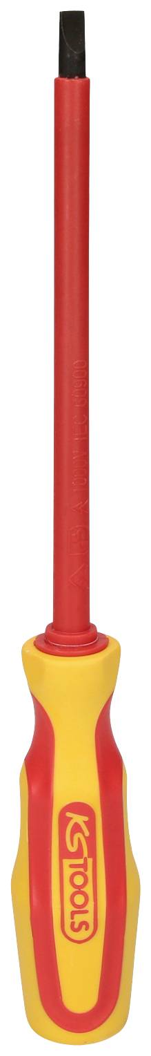 Ein gelb-roter Schraubendreher mit isoliertem Griff und schwarzer Spitze, geeignet für elektrische Arbeiten.