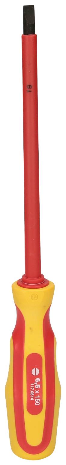 Schraubendreher mit rotem Griff und gelber Isolierung, geeignet für elektrische Arbeiten.