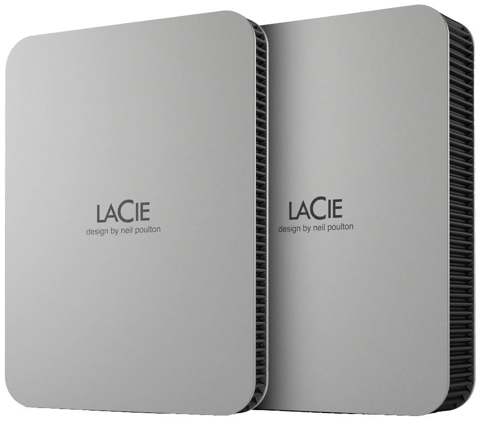 Zwei graue externe Festplatten mit der Aufschrift 'LaCie' und 'design by neil poulton', nebeneinander stehend.