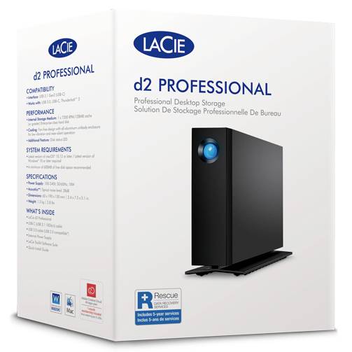 Externe Festplatte von LaCie, Modell 'd2 Professional', in schwarzem Gehäuse. Verpackung zeigt Kompatibilität und technische Spezifikationen.