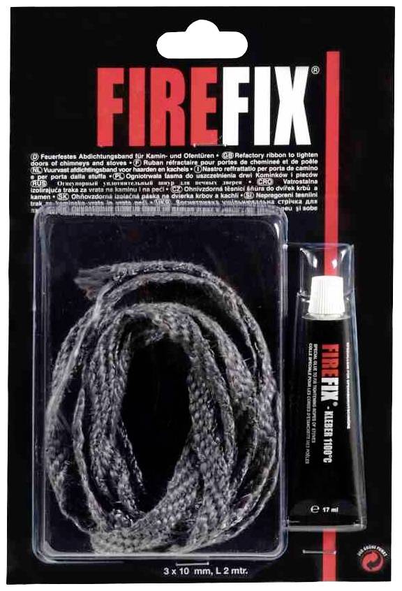 Verpackung mit hitzebeständigem Dichtungsband und Kleber, Marke 'Firefix', zur Abdichtung von Kaminen und Öfen.