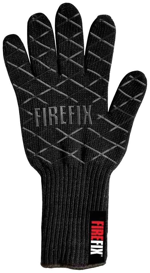 Schwarzer, hitzebeständiger Handschuh mit 'FIREFIX'-Aufschrift, geeignet für Kamin- oder Grillarbeiten.