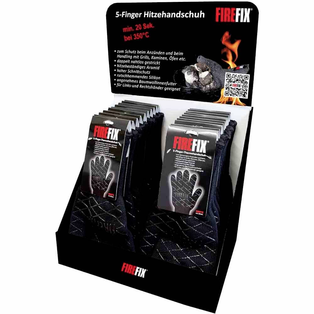 Ein Verkaufsständer mit Verpackungen von 'FIRE FIX' 5-Finger Hitzehandschuhen, die Schutz bei bis zu 350°C für 20 Sekunden bieten.