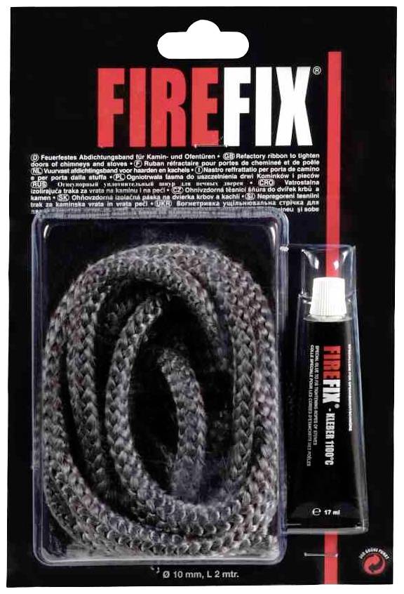 'Firefix' feuerfestes Abdichtungsset für Kamine mit Dichtungsband und 17 ml Kleber. Verpackung zeigt Produktinformationen.