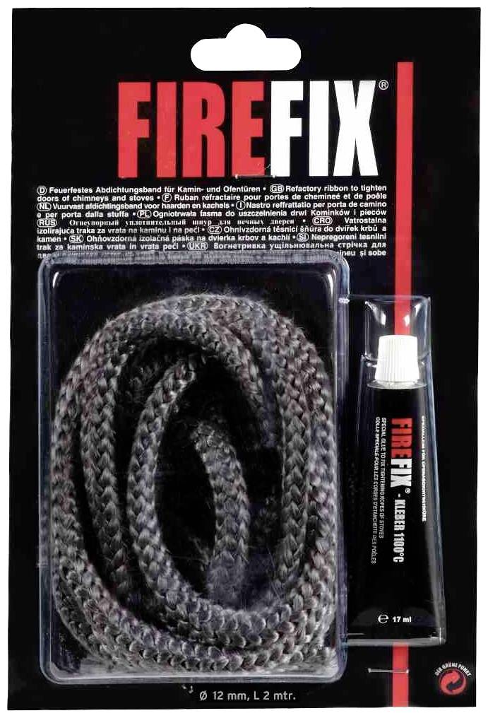 Packung mit Kamin- und Ofen-Dichtungs-Set 'FIREFIX', enthält dichtes Seil und Tube Dichtmittel.
