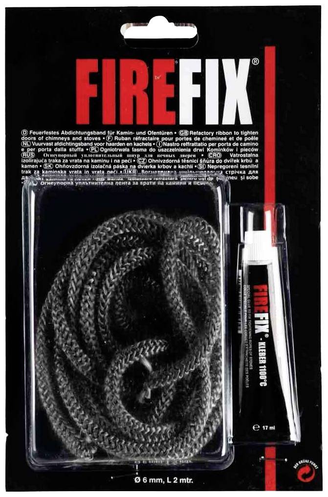 'Firefix'-Dichtungsset für Kamine: Enthält einen 2 Meter langen, 6 mm dicken Dichtungsstrang und eine Klebertube. Verpackt in Blisterpackung.
