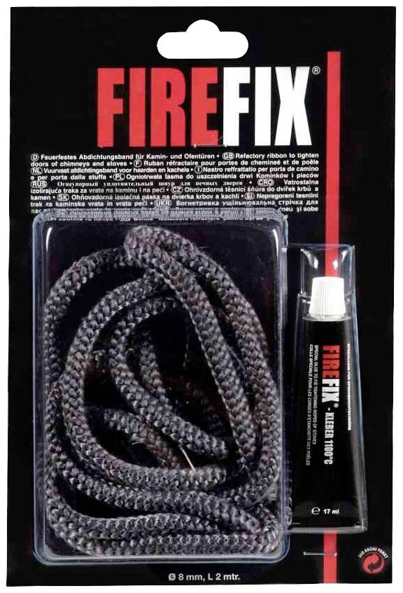 Dichtungsset für Kaminöfen, bestehend aus feuerfestem Dichtband und Kleber in einer Verpackung. Marke: FIREFIX. Größe: 8 mm, 2 Meter.