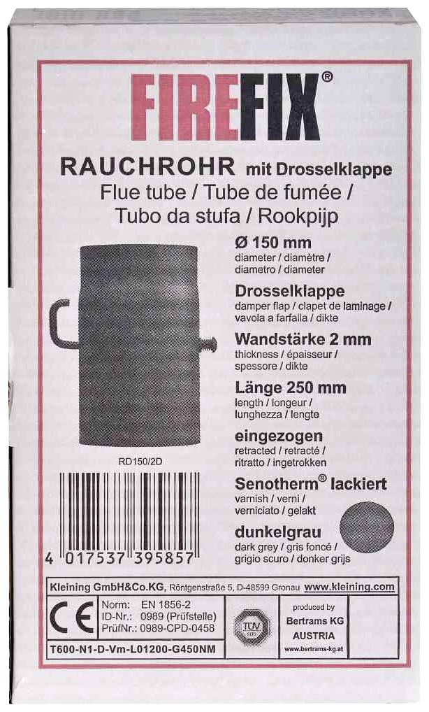 Verpackung eines Rauchrohrs mit Drosselklappe. Markentitel 'FIREFIX'. Durchmesser 150 mm, Rohrlänge 250 mm, lackiert.