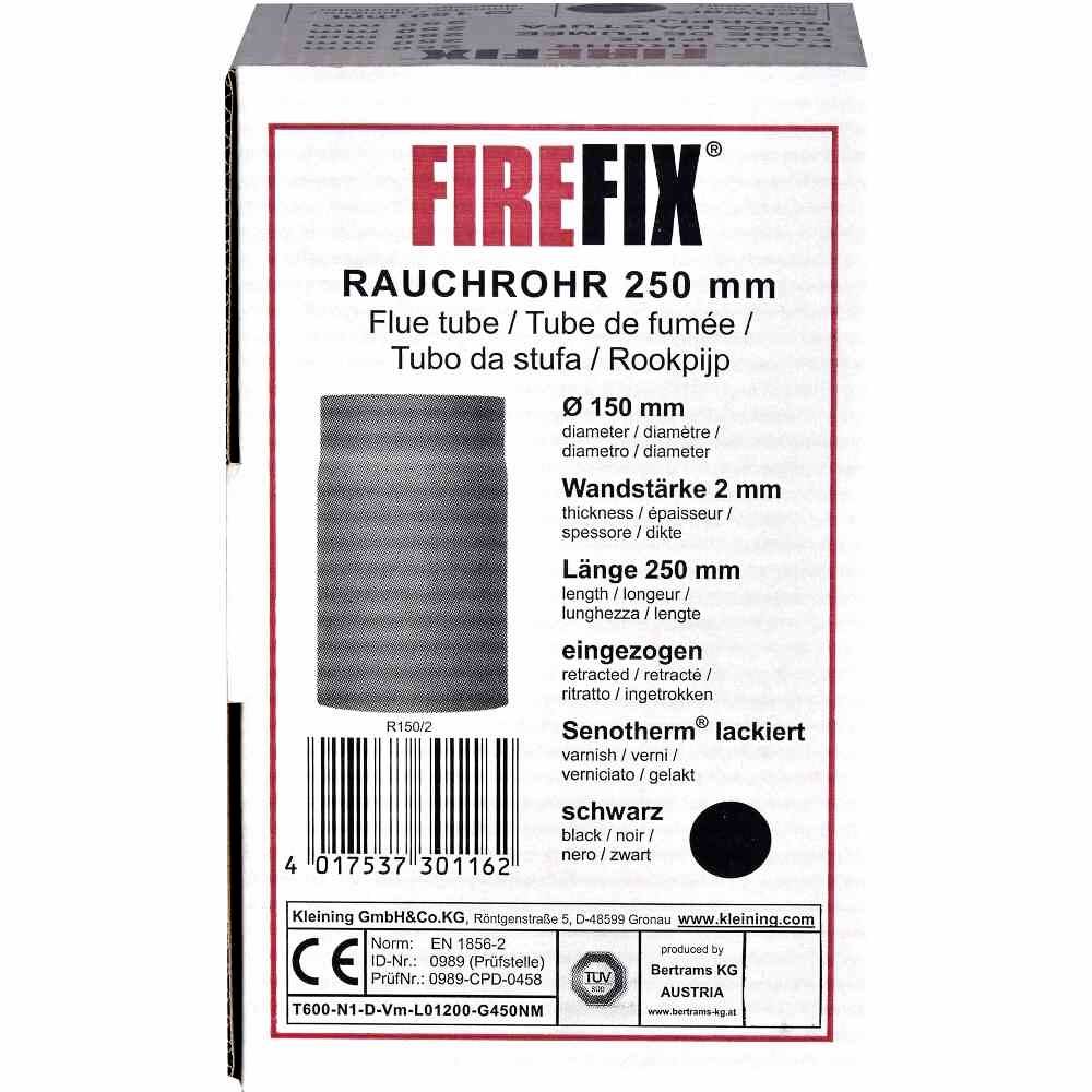 Die Verpackung eines Rauchrohrs der Marke Firefix zeigt ein graues Rohr. Hauptmerkmale: Durchmesser 150 mm, Länge 250 mm, schwarz lackiert.