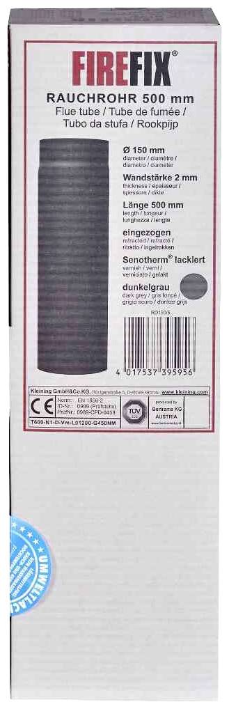 Verpackung eines Rauchrohrs. Markenname oben. Details: Durchmesser 150 mm, Länge 500 mm, Wandstärke 2 mm, dunkelgrau lackiert. CE- und TÜV-Zeichen unten.