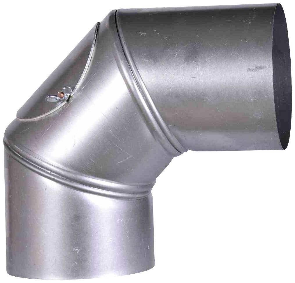 Ein silbernes, gebogenes Lüftungsrohr mit einem 90-Grad-Winkel. Das Rohr besteht aus Metall und ist für die Luftzirkulation ausgelegt.