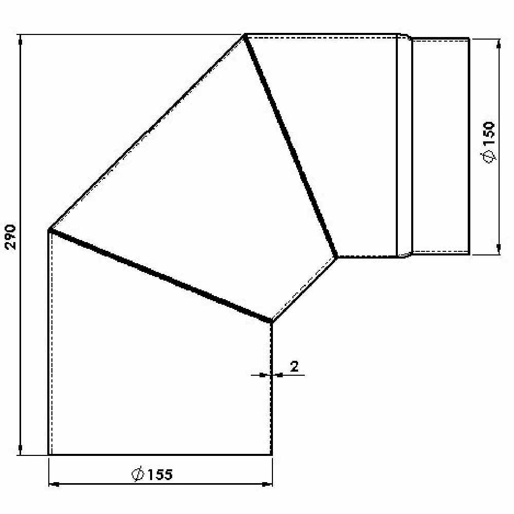 Technische Zeichnung eines gewinkelten Rohrstücks, 150 mm Durchmesser, 290 mm Höhe, zeigt Maße und Winkel der Rohrverbindungen.
