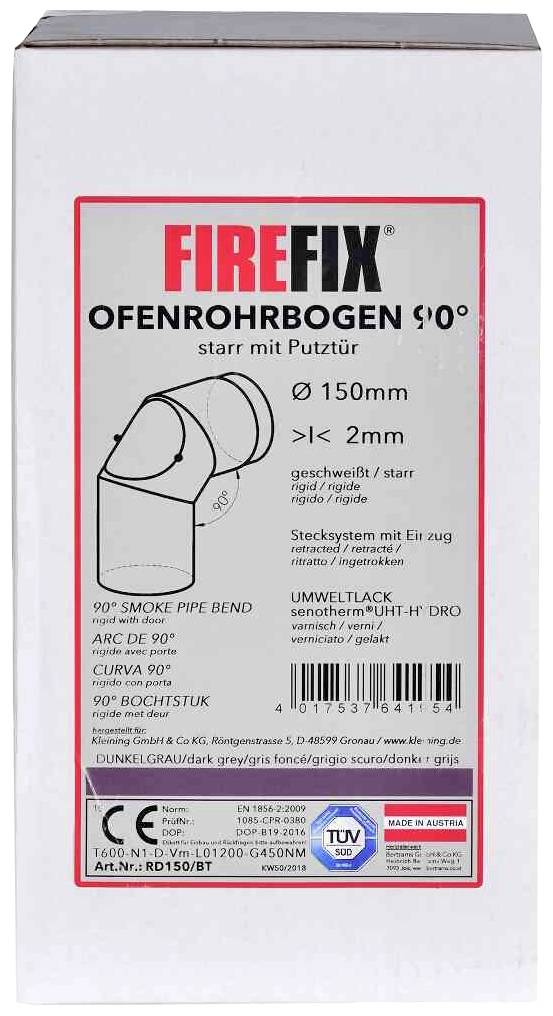 Ofenrohrbogen 90° mit Putzöffnung von Firefix. Starrer 150 mm Bogen, Ø ≥ 2 mm. Umweltlack, dunkelgrau. TÜV-geprüft, Hergestellt in Österreich.
