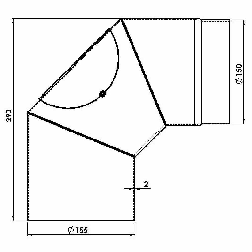 Technische Zeichnung eines Rohrverbindungsstücks mit einem Winkel von 90 Grad. Durchmesser: 155 mm und 150 mm. Länge: 290 mm.