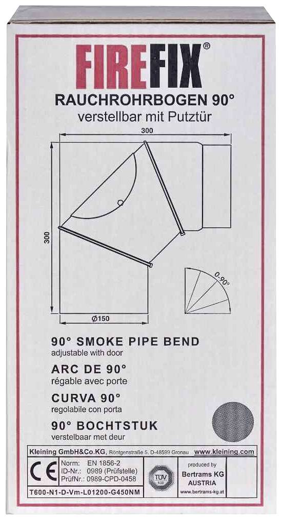 Verpackung eines verstellbaren Rauchrohrbogens von 90° mit Reinigungsöffnung. Enthält technische Spezifikationen und CE-Kennzeichnung.