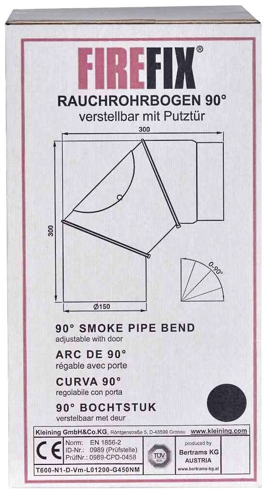 'FireFix Rauchrohrbogen 90°' - Bild auf Verpackung eines 90-Grad-Rohrbogens verstellbar mit Putzöffnung, Maße und Herstellerangaben dargestellt.