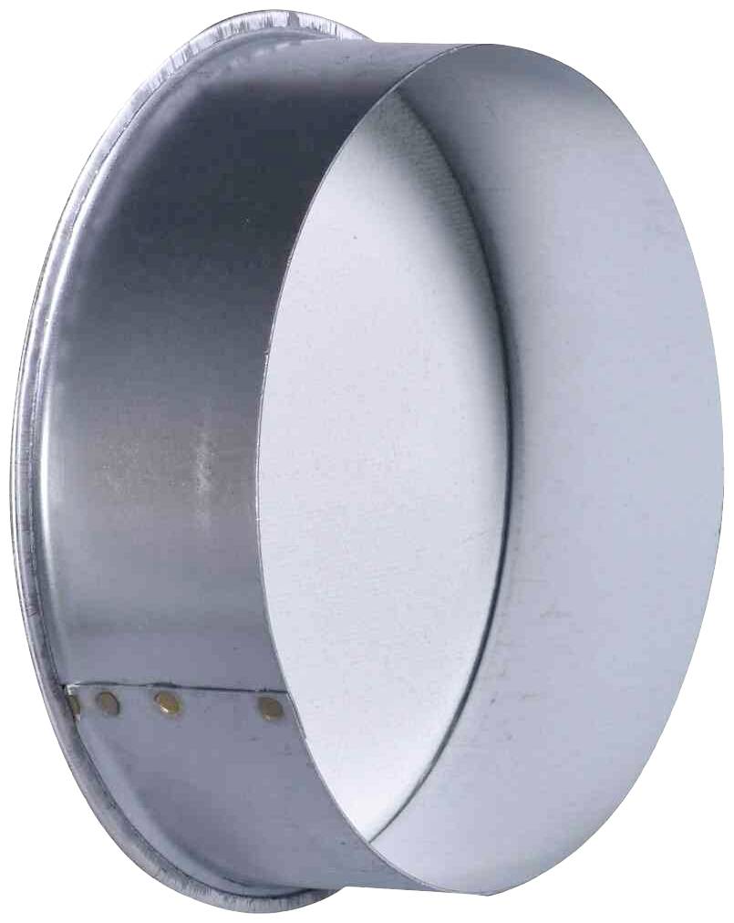 Aluminium-Ofenrohrkappe mit abgerundetem Rand und Befestigungsschrauben. Verwendung zur Abdeckung des Endes eines Ofenrohrs.