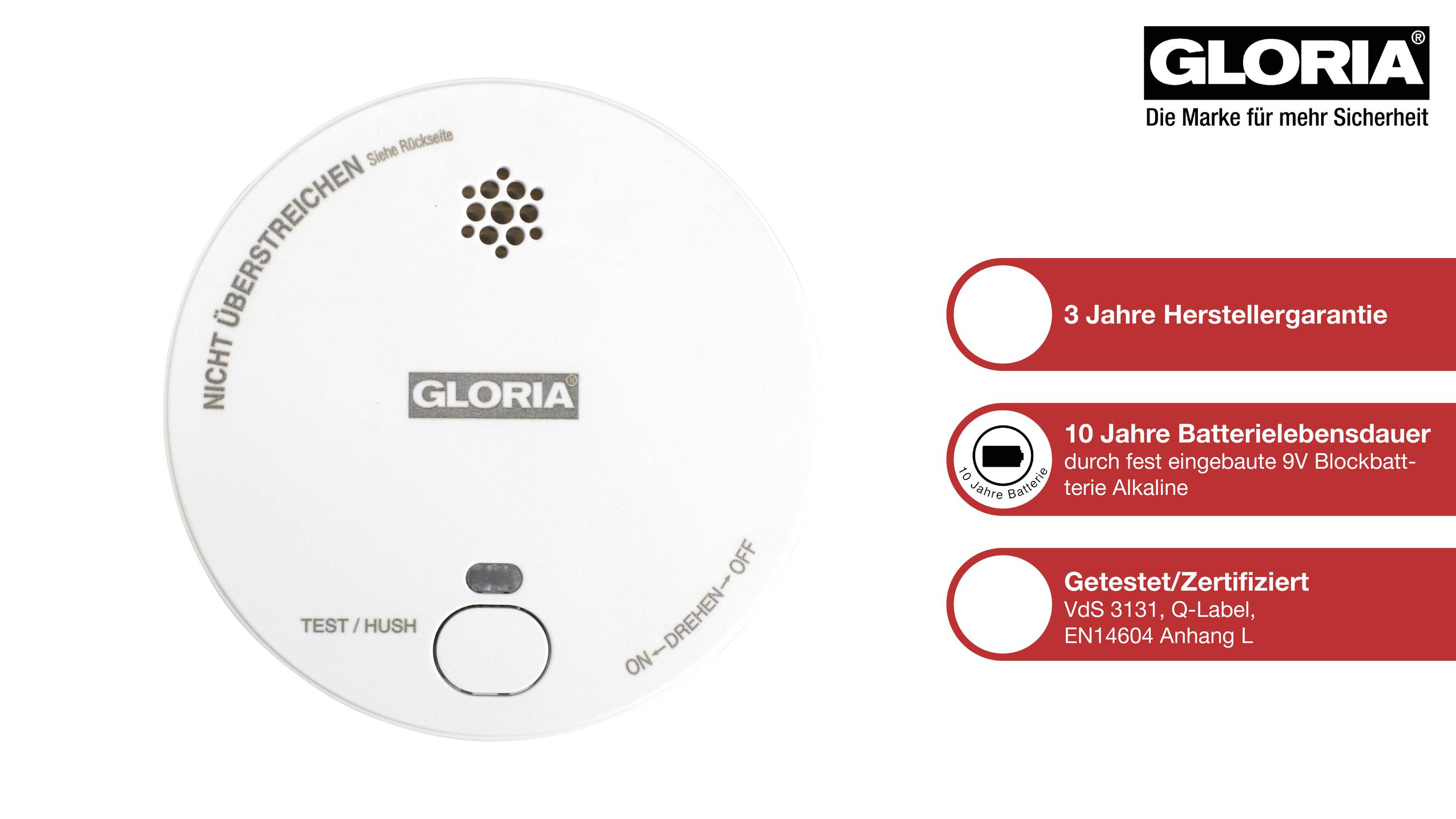 Gloria R1 Rauchwarnmelder batteriebetrieben (Ø x H) 100mm x 33mm