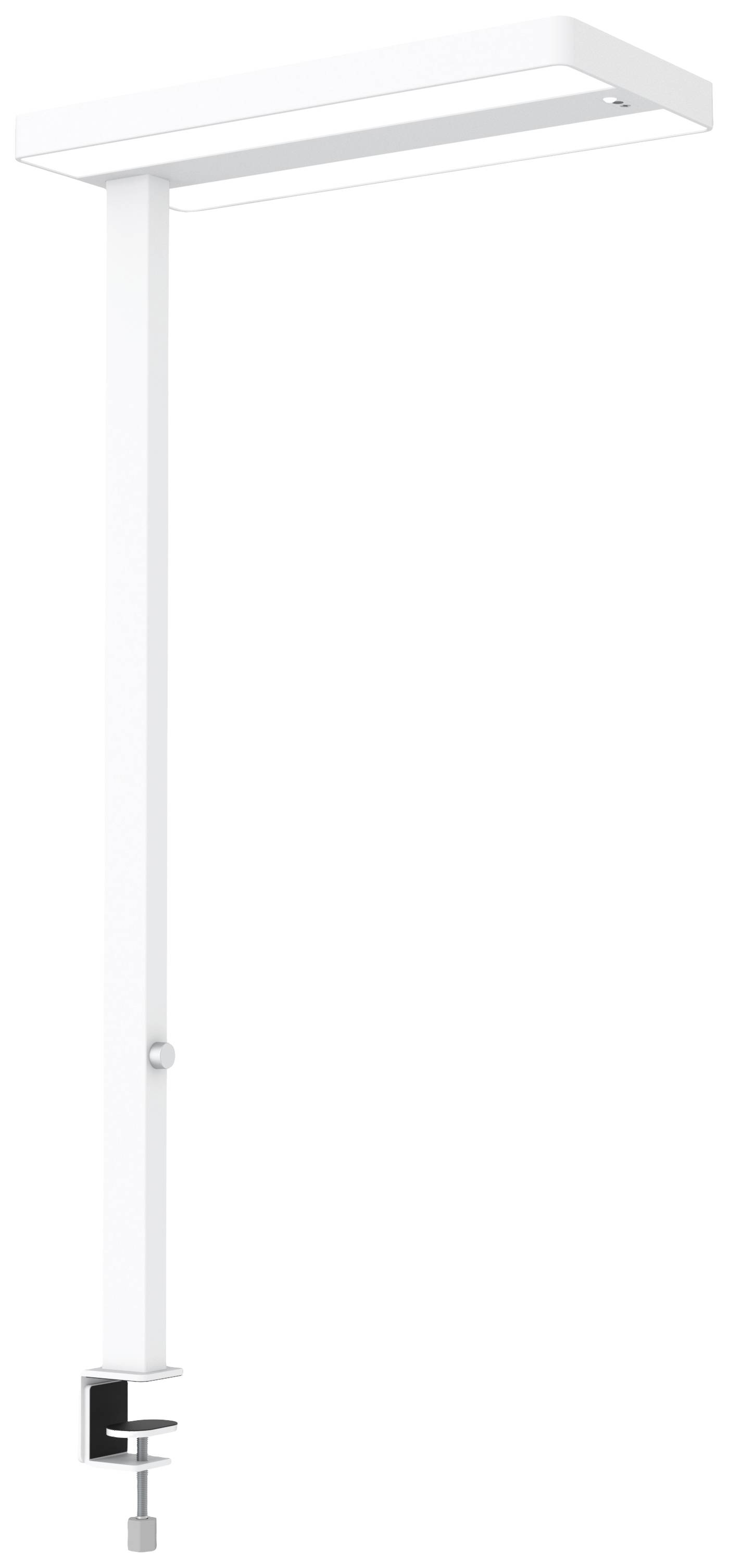 Weiße Tischlampe mit Klemme zur Befestigung an einem Tischrand, geeignet für präzise Beleuchtung von Arbeitsbereichen.