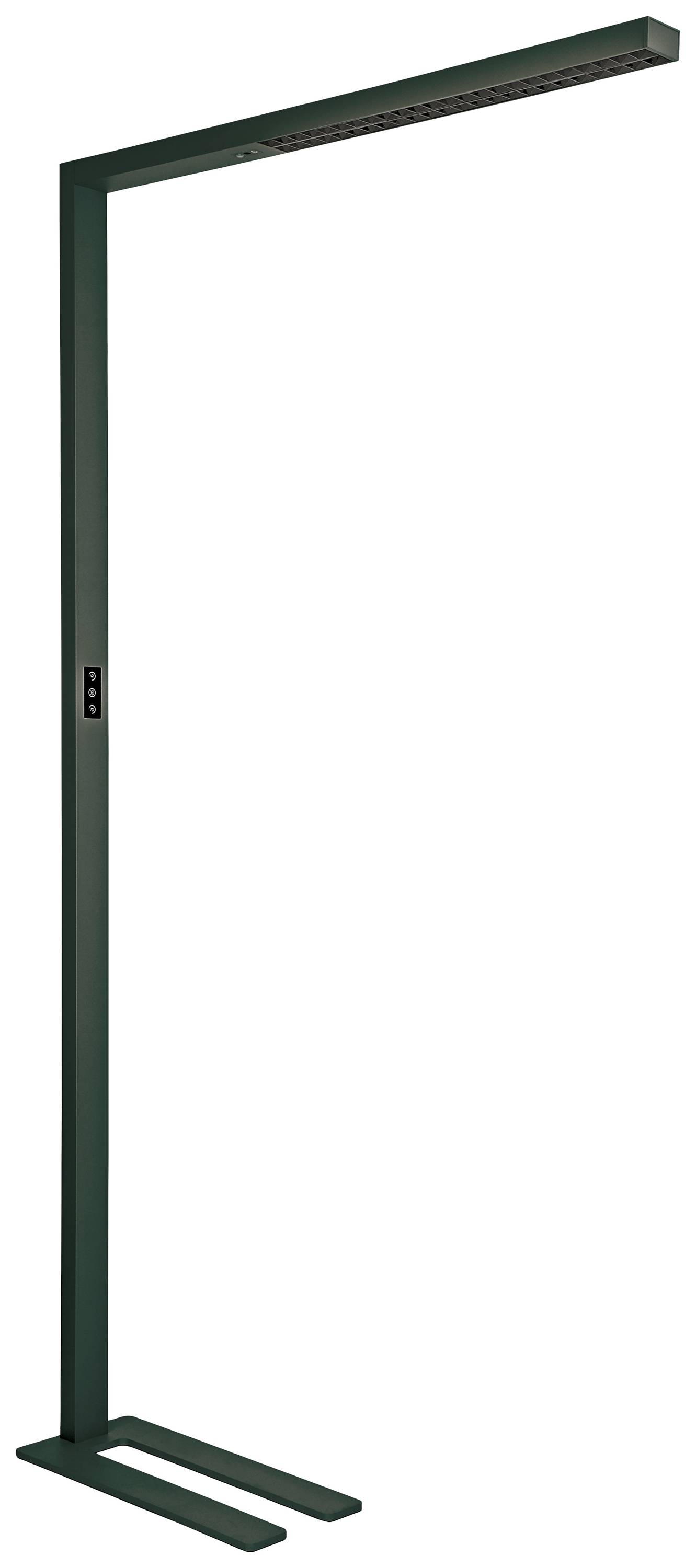 Stehlampe mit schlankem, modernem Design in dunklem Metall. Rechteckiger Lampenkopf strahlt Licht nach unten und oben.