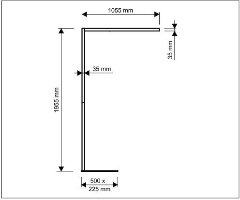 Technische Zeichnung eines L-förmigen Objekts mit Maßen: Höhe 1955 mm, Breite 1055 mm, Seitenlängen 35 mm und Sockel 500 x 225 mm.
