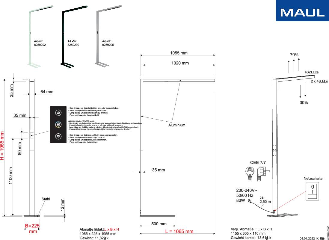 Technische Zeichnung eines Standregals mit Maßen. Oben rechts das Logo 'MAUL' und Produktnummern. Links Abmessungen des Regals: 225 mm tief, 429 mm breit, 1438 mm hoch.
