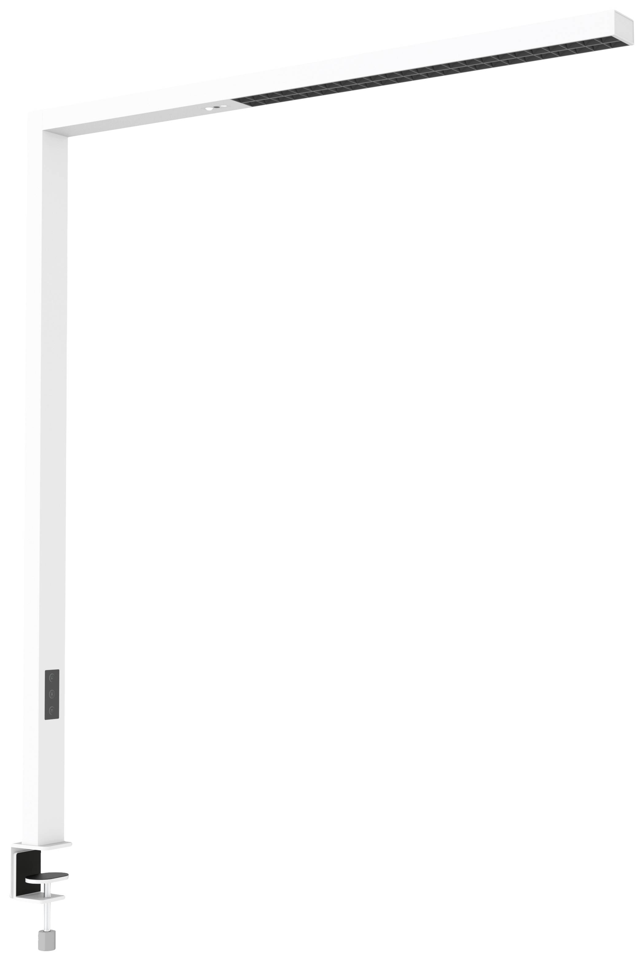 Weiße moderne Schreibtischlampe mit rechteckigem, horizontalem Leuchtenkopf und einer Klemme zur Befestigung an einem Tischrand.