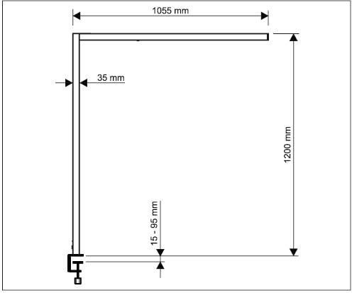 Technische Zeichnung einer L-förmigen Struktur mit Maßen: Länge 1055 mm, Höhe 1200 mm. Weitere Maße: 35 mm, 15-95 mm.