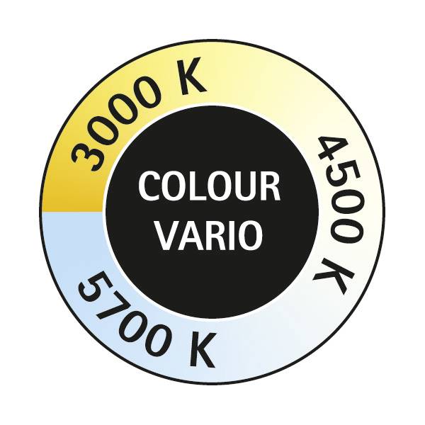 Kreisdiagramm zeigt Farbvarianten mit Temperaturwerten: 3000 K (gelb), 4500 K (weiß), 5700 K (blau). Zentrum: 'COLOUR VARIO'.