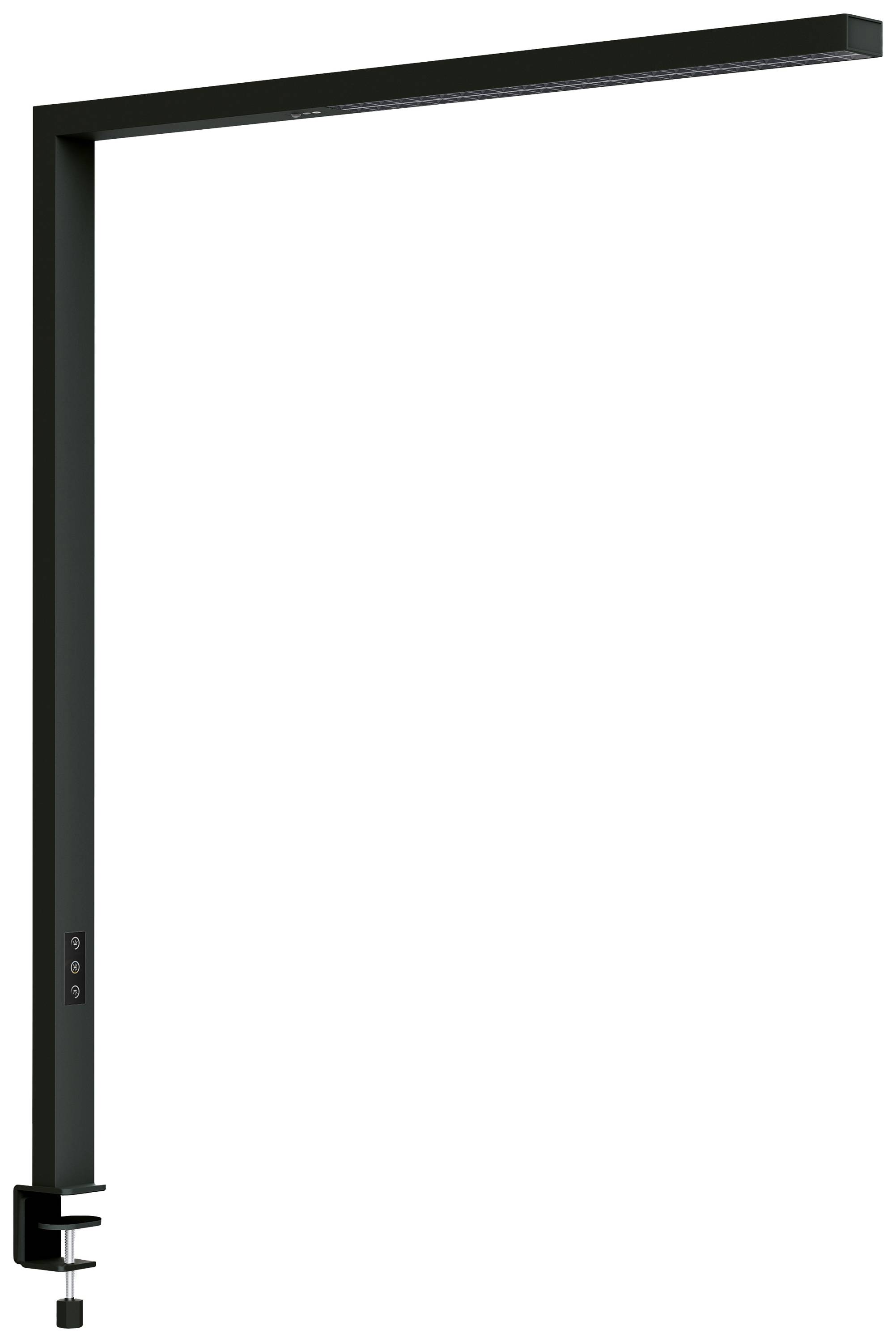 Schwarze Tischleuchte mit schlankem, modernem Design. L-förmig mit Klemmbefestigung, ideal für platzsparende Beleuchtung an Schreibtischen.