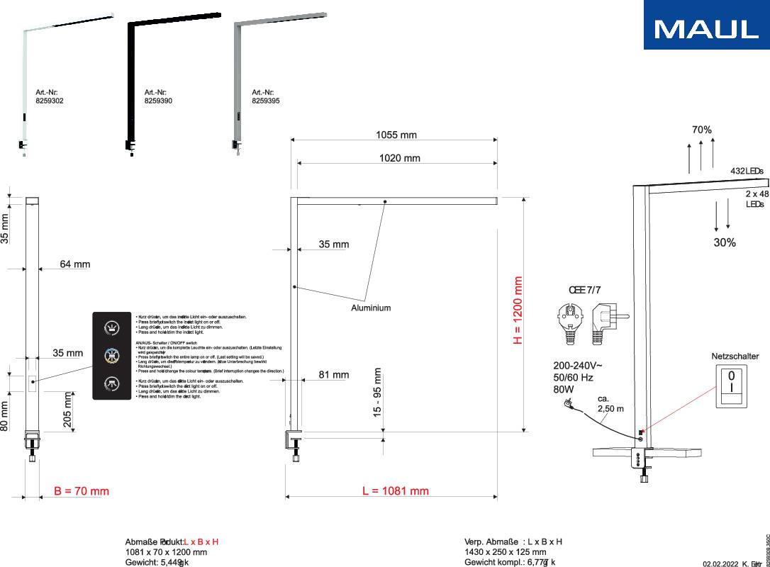 Technische Zeichnung einer Maul-Klemmleuchte. Zeigt Dimensionen, z. B. Höhe 1299 mm, Ausladung 1061 mm, und Details der Konstruktion.